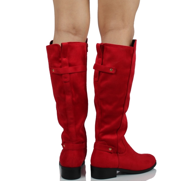 Red faux suede pull on tab knee high boot - Picture 7 of 8